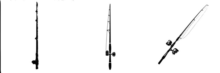 Collection of flat black fishing rod icons arranged vertically, each one displaying a unique design, suitable for various types of fishing activities