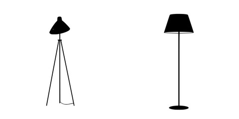 Flat black icons of modern standing lamp designs showcased against a white background for interior decor inspiration