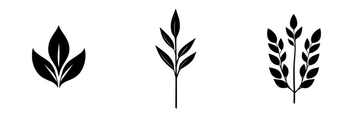 Flat black nature icons featuring various leaf designs for use in digital and print media