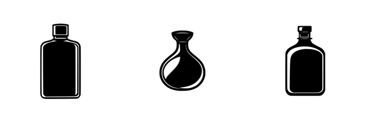 Flat black icons representing different types of bottles suitable for various applications in design and illustration