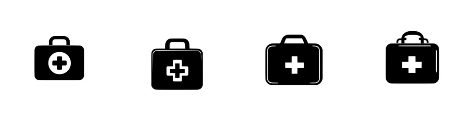 First aid kit icons representing medical assistance and preparedness in various styles and designs suitable for emergency-related content