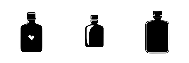 Flat black icons of various bottle shapes representing diverse beverage types in a minimalist design style