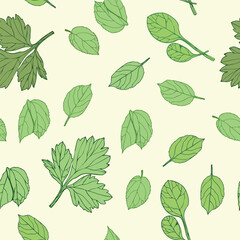 Vector seamless pattern for your spring and summer projects. Leaves in graphic style in green tones on light yellow background are suitable for printing and will attract attention to your project.