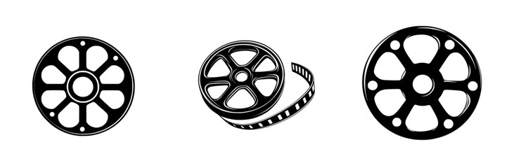 Obraz premium Black flat icons of film reels illustrating motion picture themes in a minimalist design suitable for media-related projects