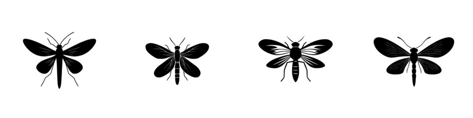 Various flat black insect icons showcasing different species including butterflies and bees in a simple and minimalist style