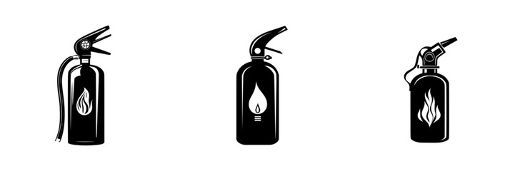 Flat black icons depicting various fire extinguishers in a simple and clean design for safety and emergency use