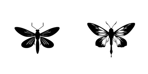 Flat black icon of two distinct insect silhouettes showcasing detailed wing patterns and body structures in a minimalist design