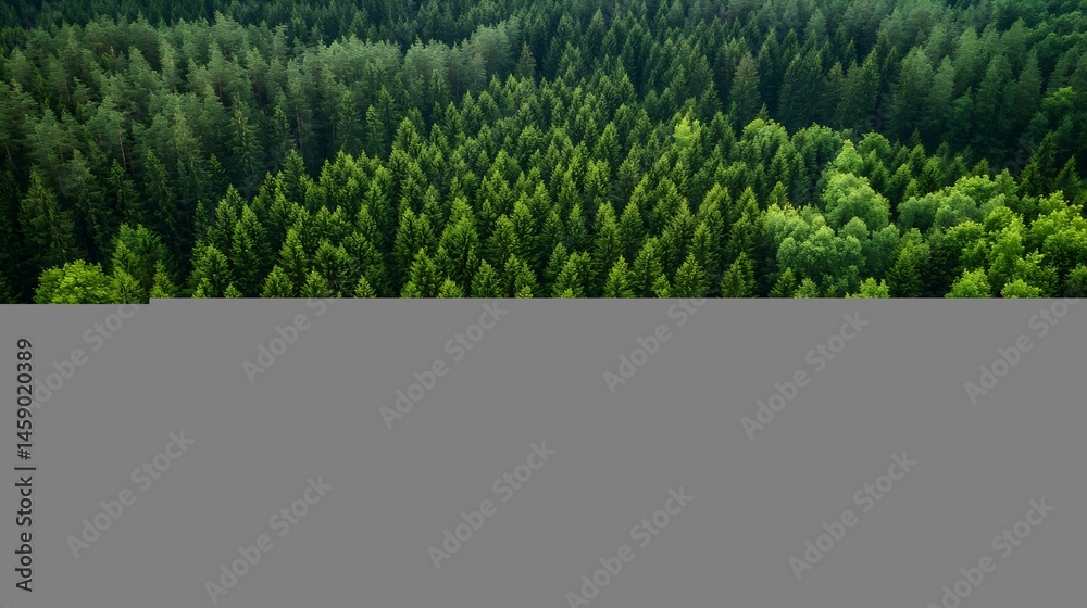 Poster aerial view of a lush green forest, showcasing dense coniferous and deciduous trees in a vibrant dis
