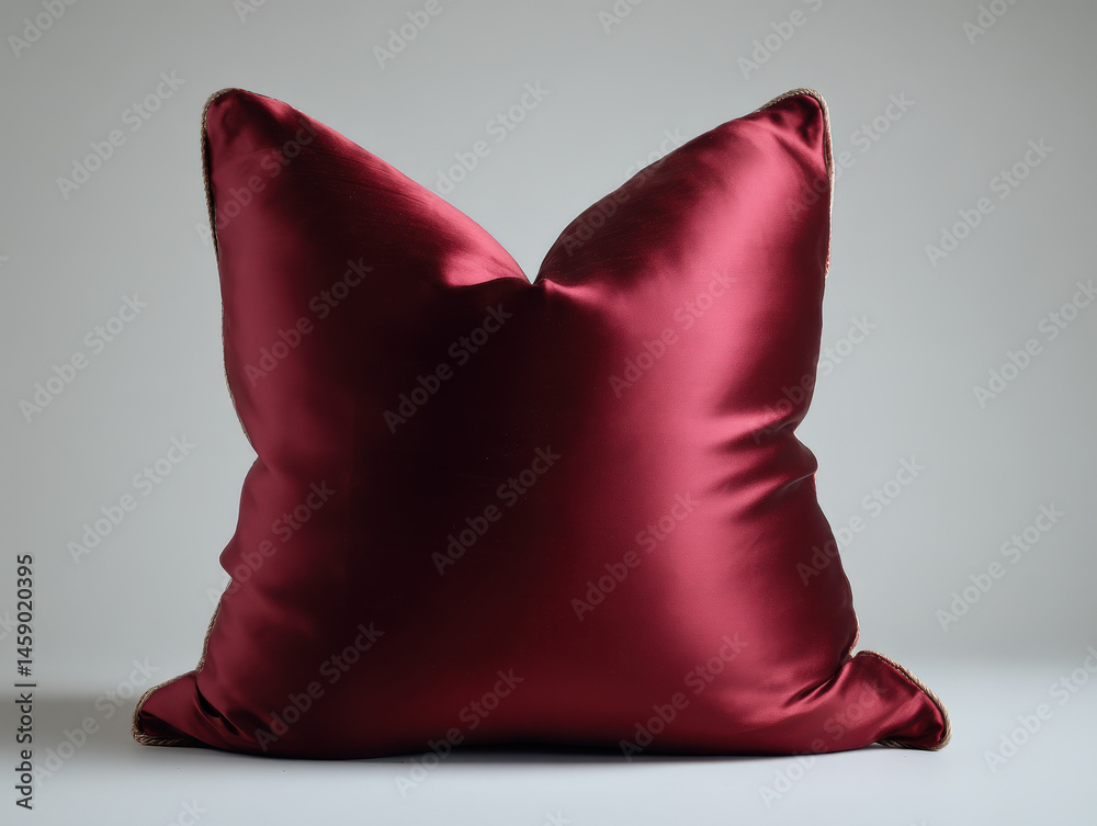 Poster luxurious burgundy silk pillow with subtle beige trim, elegantly displayed against a neutral backdro