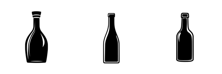 Flat black icon of three different bottle shapes on a white background