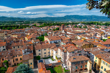 Fototapeta premium Panoramic view of Lucca, Italy, with red brick rooftops and historic churches seen from above. Tuscan hills and mountains form a stunning summer backdrop under a clear blue sky.
