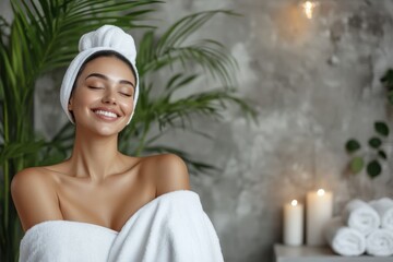 Happy woman enjoying relaxation in a modern spa salon with minimalist decor
