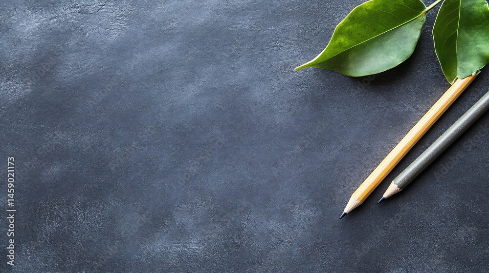Poster two pencils and green leaves rest on a dark gray textured surface, creating a minimalist, nature-ins