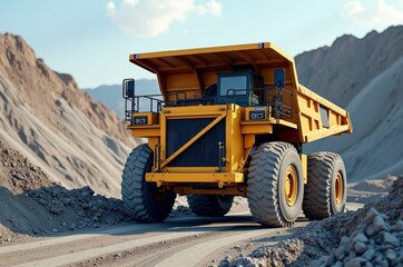 Yellow dump truck parked on dirt road with mountains in background