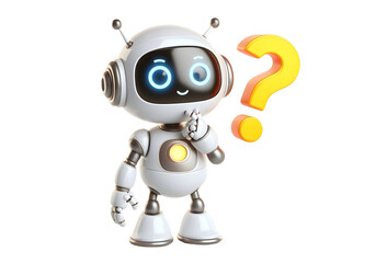 Friendly AI Robot Character in Thinking with a question mark above its head Poses isolated on white background 