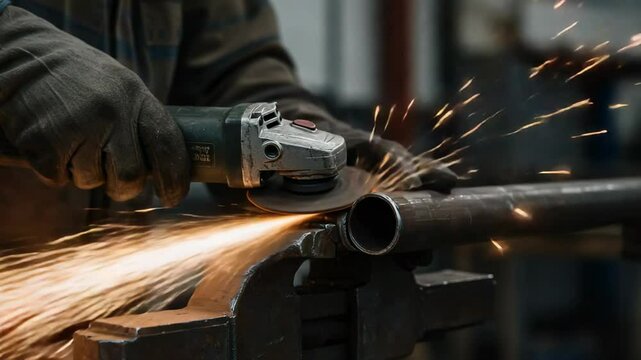 A Skilled Male Metalworker Operating a Grinding Tool on Steel Pipe in a Workshop Setting, Creating Sparks, Focused on Precision and Craftsmanship