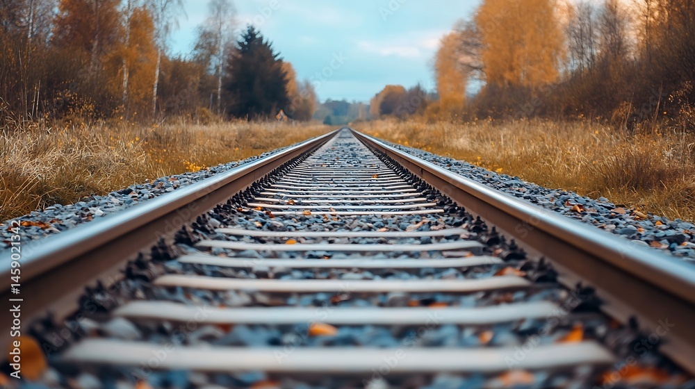 Poster autumnal railroad tracks receding into a golden forest: a picturesque view of railway lines extendin