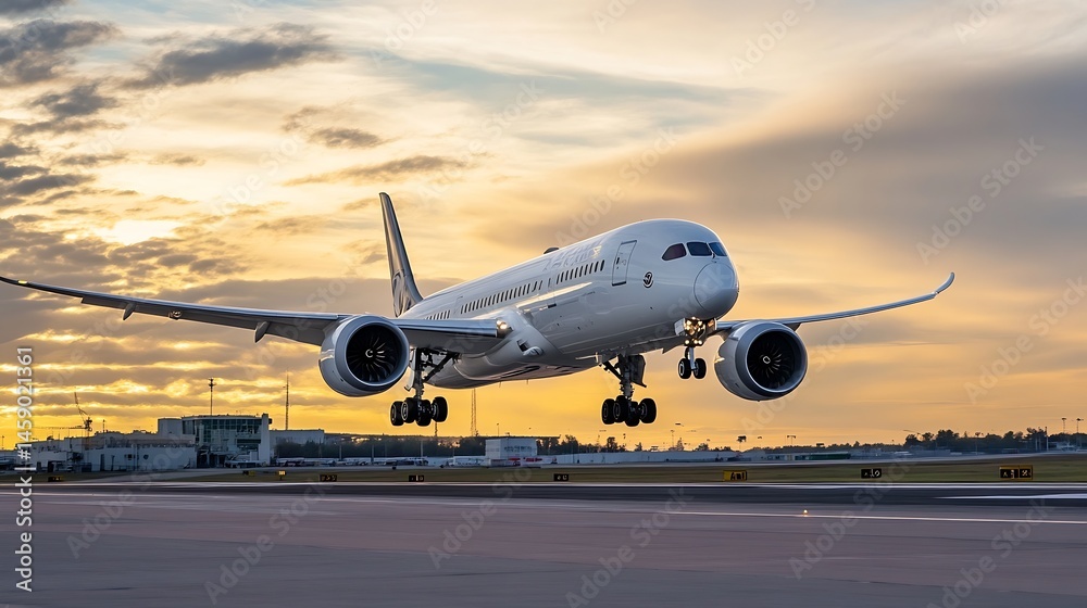 Poster boeing 787 dreamliner airplane landing at sunset, low angle view showing the plane's undercarriage a