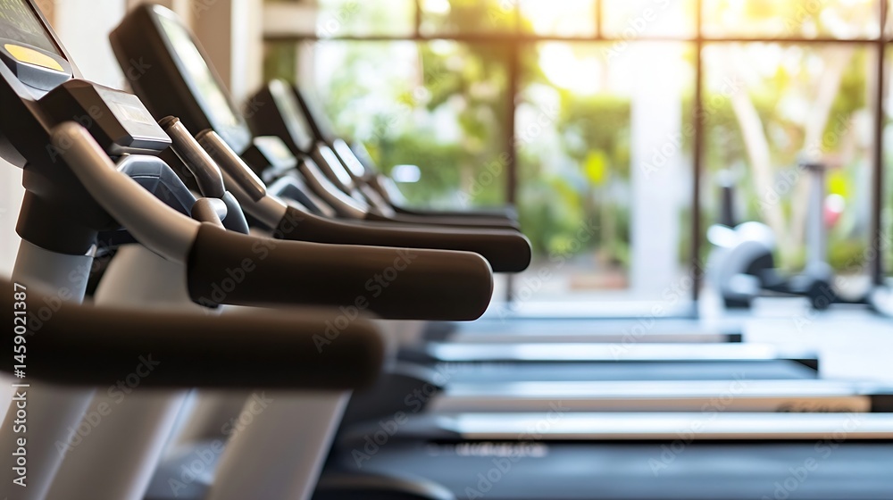 Aufkleber modern gym interior with a row of treadmills near a large window, showcasing sunlight and a blurred 
