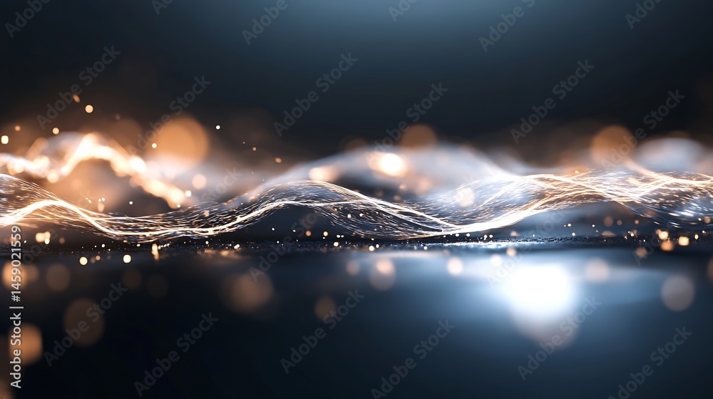 Aufkleber Abstract digital wave with glowing particles and bokeh lights, rendered in deep blue and gold tones, creating a futuristic and elegant visual effect. : Generative AI