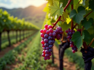 Fototapeta premium Purple grapes on vine Green leaves on grapevine Sunlit field of grapes Rows of