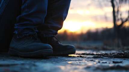 Close-up view of a person's feet in dark blue jeans and sturdy black boots, sitting outdoors at sunset, with a blurred background of trees and a golden sky. : Generative AI