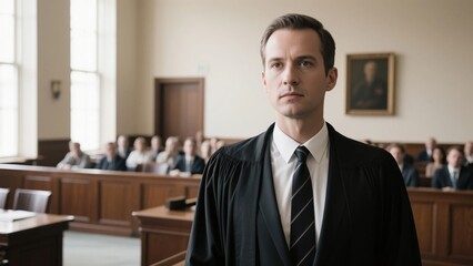 Fototapeta premium Judge in robes stands in courtroom