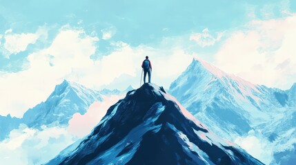 Summit Serenity: A lone figure stands atop a snow-capped mountain peak, gazing at the breathtaking vista, embodying resilience, determination and the pinnacle of achievement.