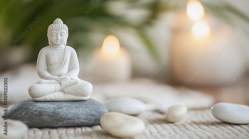 Poster Serene white buddha statue meditates peacefully on a grey stone, surrounded by smooth white stones and soft candlelight, creating a tranquil spa-like atmosphere. : Generative AI