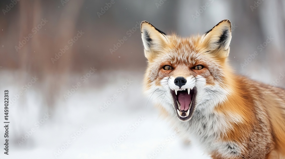 Poster close-up portrait of a red fox baring its teeth in a snowy winter forest, showing its sharp canines 