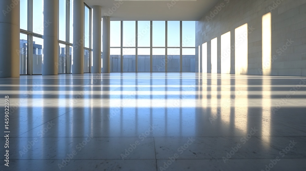 Poster sunlit modern office interior with polished floor and large windows, showcasing architectural design