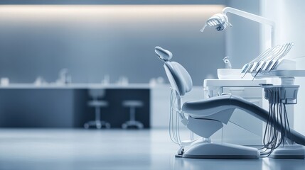 Dental Clinic: A modern dental clinic interior with a patient chair, instruments, and bright, clean environment.