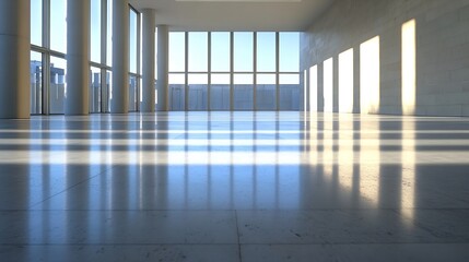 Sunlit Modern Office Interior with Polished Floor and Large Windows, showcasing architectural design and spaciousness. : Generative AI