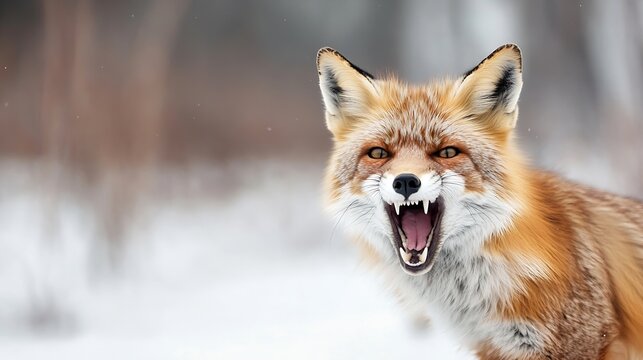 Close-up portrait of a red fox baring its teeth in a snowy winter forest, showing its sharp canines and intense gaze. : Generative AI