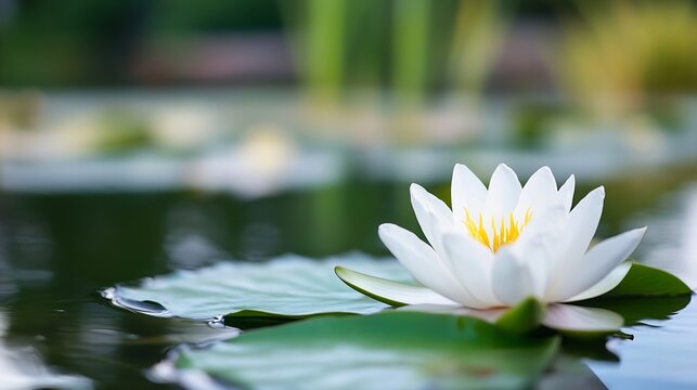 Serene white water lily blossom floats gently on calm pond water, surrounded by lush green lily pads; tranquil nature scene. : Generative AI
