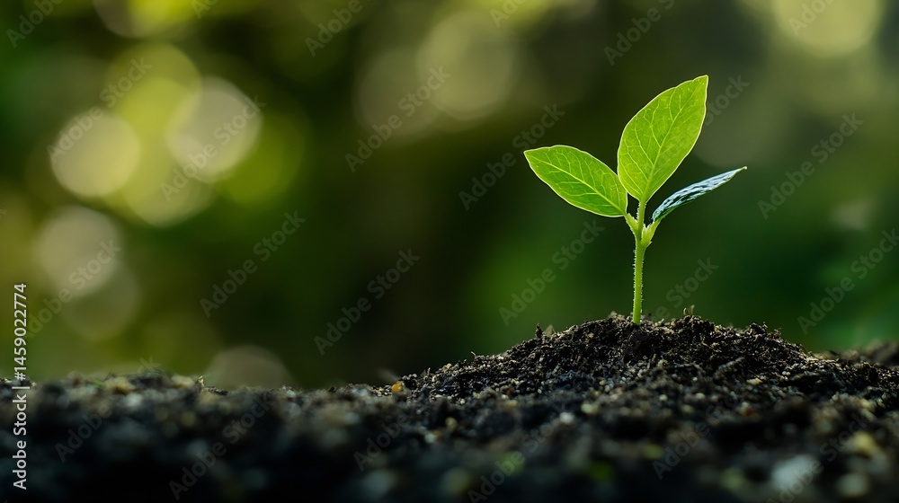 Poster a tiny sprout emerges from dark soil, its vibrant green leaves reaching towards a soft, sunlit green