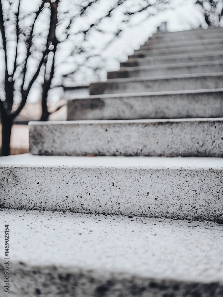 Fototapete Close-up view of a textured concrete staircase ascending towards a blurred background of trees and sky, suggesting a journey or upward movement. : Generative AI