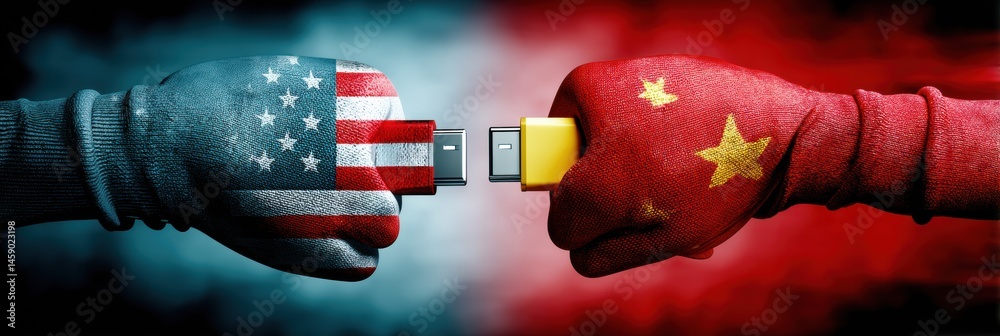 Poster gloves representing the us and china pull a usb cable, symbolizing technological competition and col