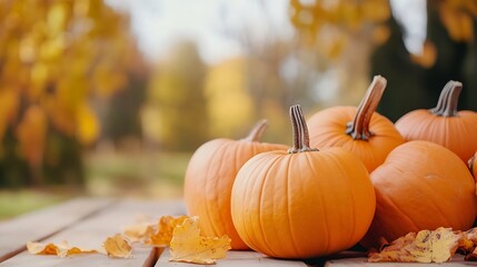 Autumn harvest: several ripe orange pumpkins sit on a wooden surface, surrounded by fallen yellow leaves, with a blurred autumnal background. : Generative AI