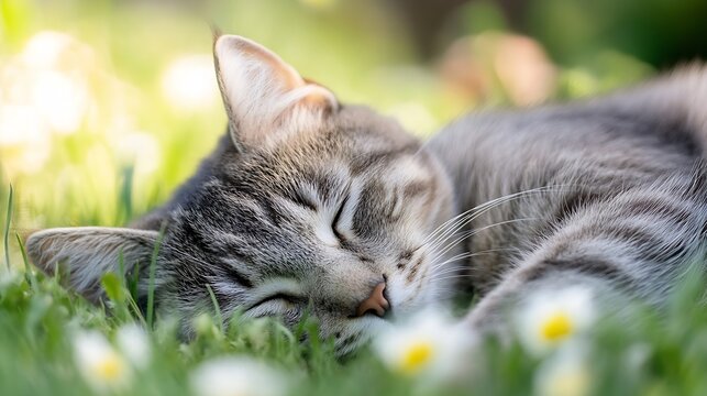 A tabby cat peacefully sleeps amidst a vibrant meadow of daisies, bathed in soft sunlight. Its fur is a blend of grey and brown, and its closed eyes suggest complete relaxation. : Generative AI