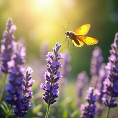 Yellow bee hovering above purple flowers