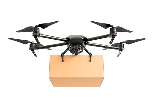 Box carried by a drone on a transparent background