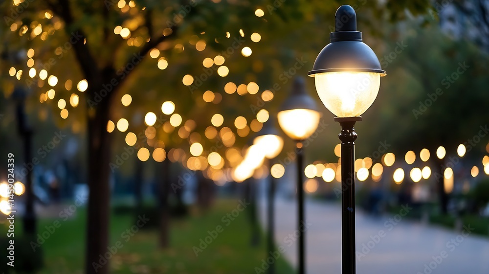 Aufkleber Illuminated pathway at dusk, featuring a row of classic street lamps glowing softly against a backdrop of blurred bokeh lights strung among trees. : Generative AI