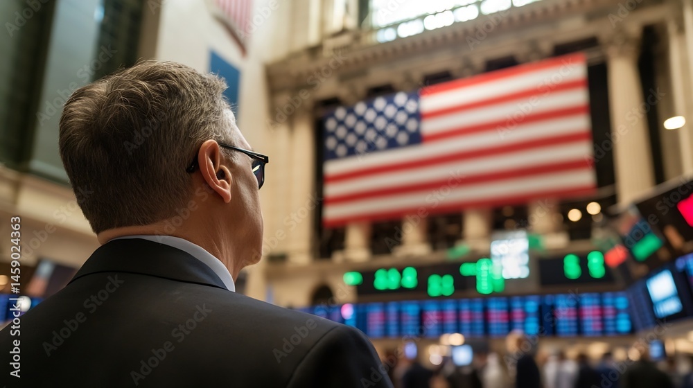 Poster a businessman in a suit stands with his back to the camera, observing the stock exchange floor, an a