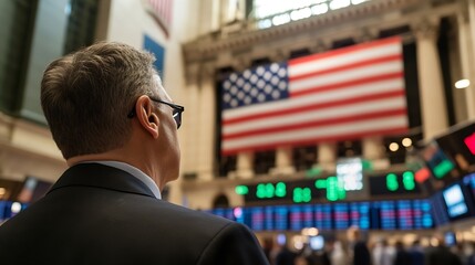 A businessman in a suit stands with his back to the camera, observing the stock exchange floor, an American flag visible in the background. : Generative AI