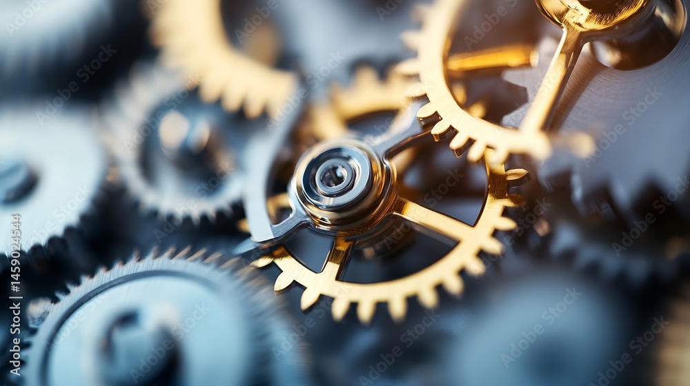 Poster Close-up view of intricate clockwork gears, showcasing precision engineering and detailed mechanics. Golden and silver cogs interlock, creating a complex system of movement. : Generative AI