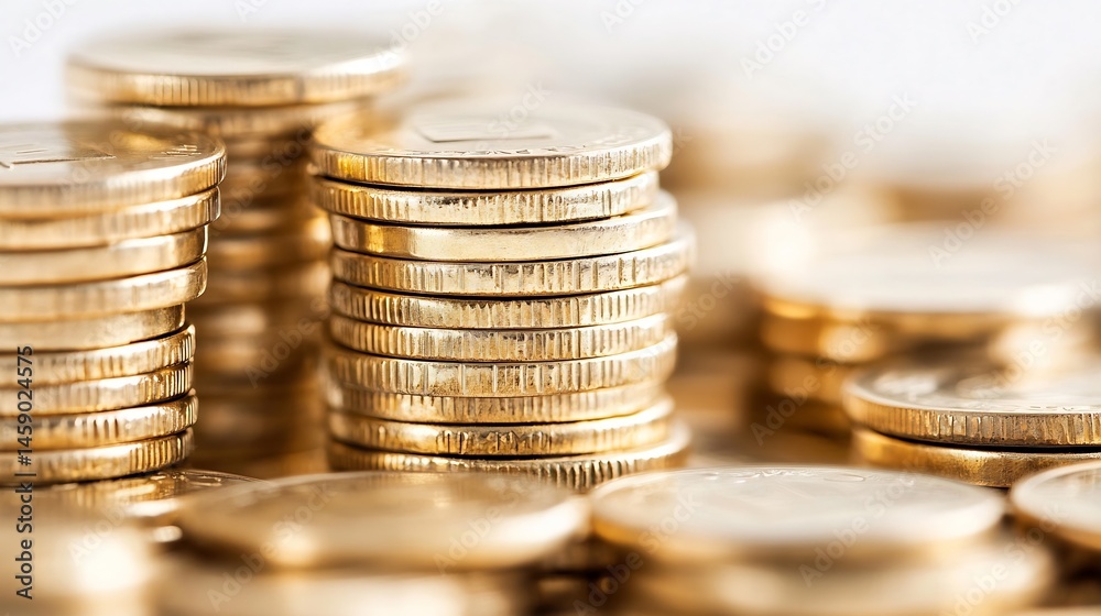 Leinwandbilder close-up shot of several stacks of shiny gold coins, illustrating wealth, finance, and prosperity. t