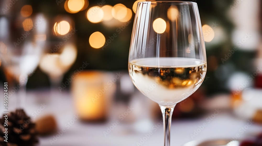 Poster close-up of a glass of white wine on a table with a blurred festive background, warm lighting, and b
