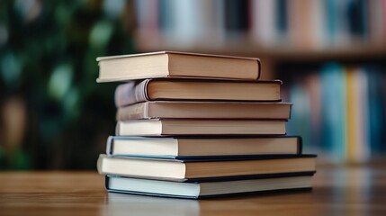 Fototapeta premium Stack of hardcover books on wooden table, blurred bookshelf background. Cream, brown, and dark blue book covers are visible. Implies education, knowledge, and reading. : Generative AI