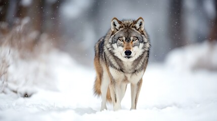 A lone grey wolf walks through a snowy winter forest, its fur blending with the muted tones of the landscape.  The falling snow creates a serene, yet wild atmosphere. : Generative AI